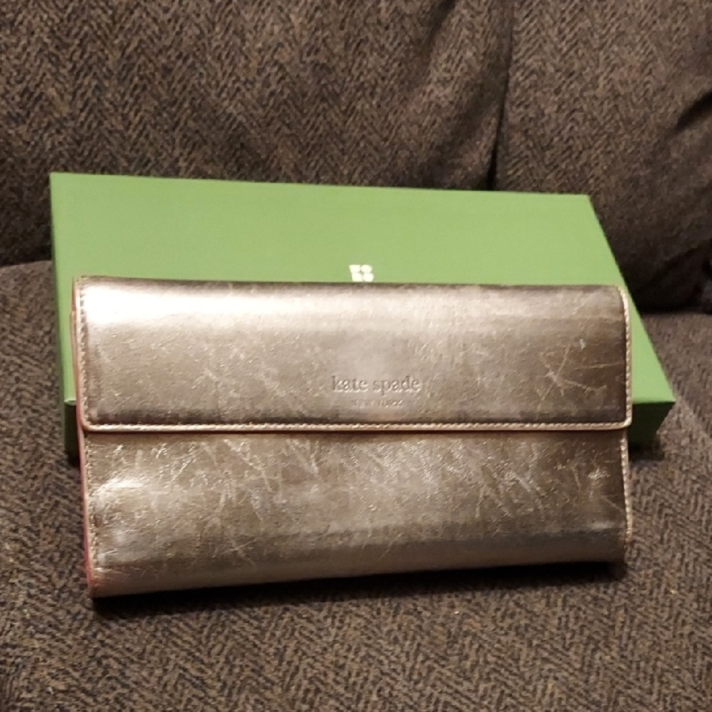 SOLD.  KATE SPADE NY Metallic Salmon Checkbook Wallet W/box